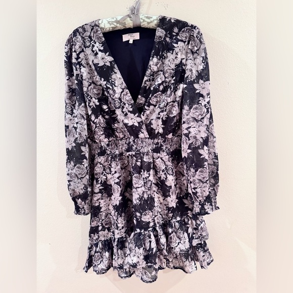 Dizzy Lizzy Black Floral Faux Wrap Ruffle Dress Large NEW Sheet Mesh Shiny Goth - Picture 1 of 6